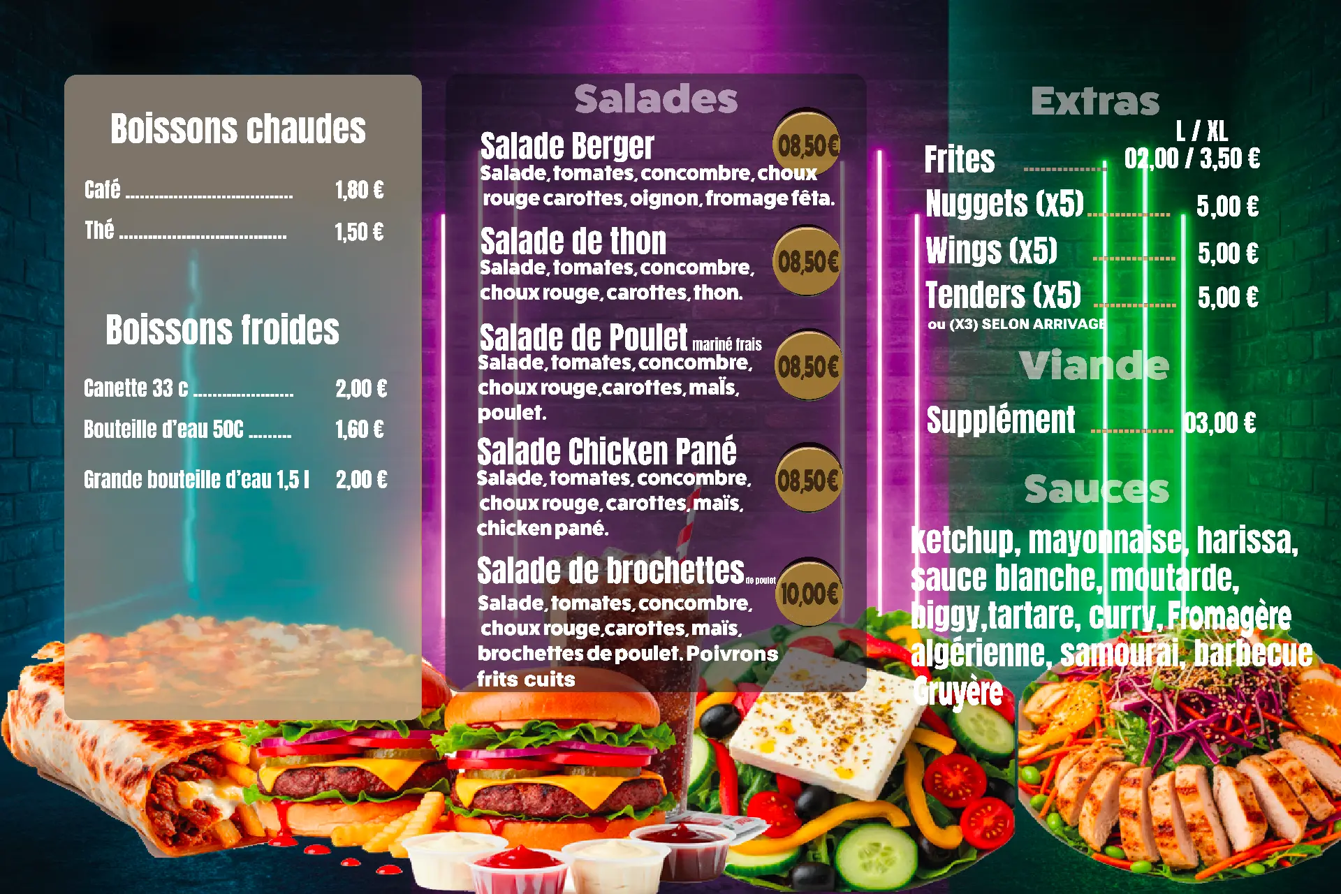 Salades, Extras & Boissons